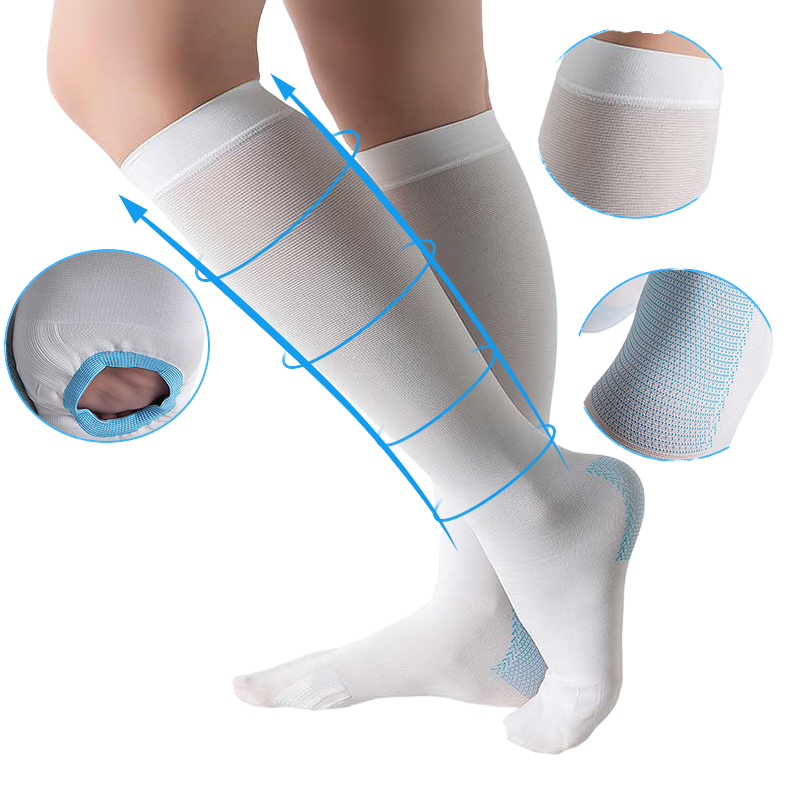 White knee-high open-toe compression stockings with pale blue reinforced heel and instep panels