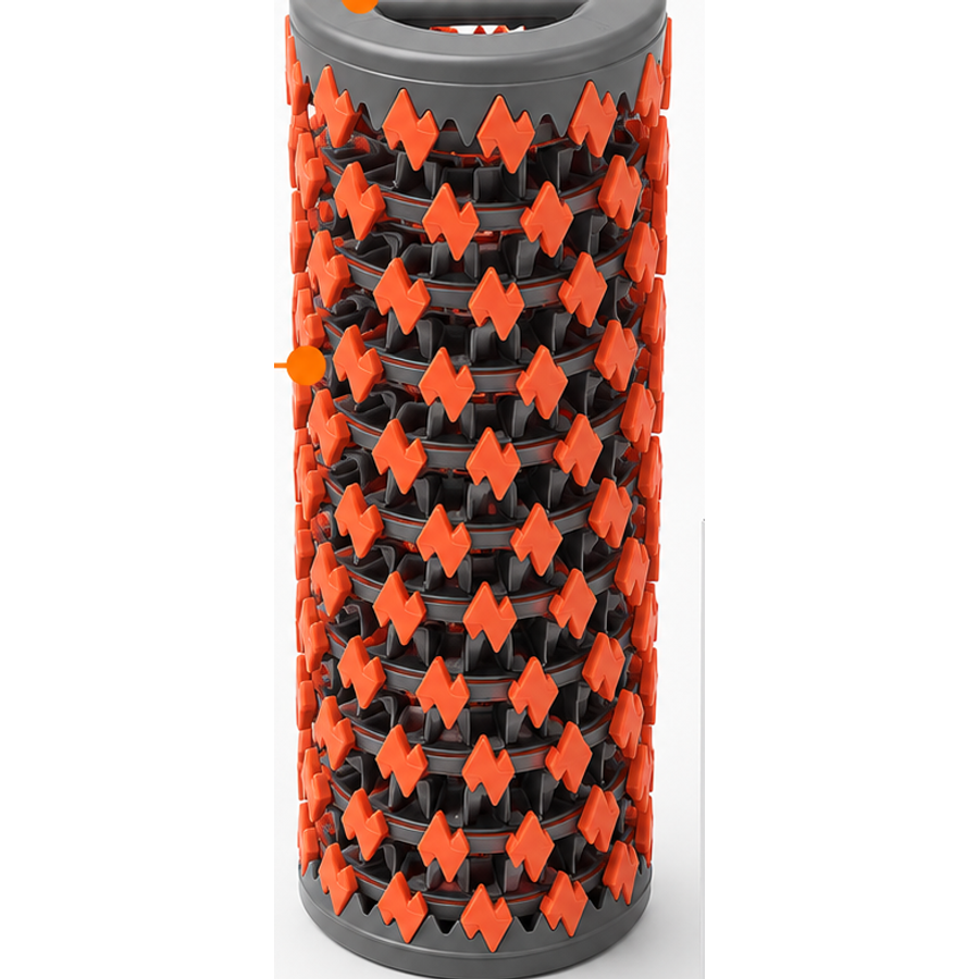 Collapsible foam roller in grey and orange with a raised diamond trigger-point surface