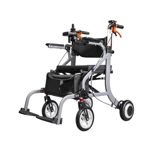 Grey folding four-wheel rollator with a padded seat, backrest, under-seat bag, hand brakes and footrests