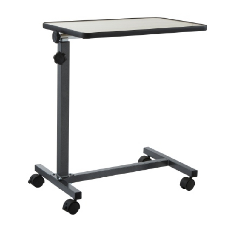 Grey steel overbed table with a tilting laminate top, height-adjustment knob, C-shaped base and four castors