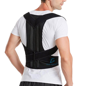 Black posture support brace with figure-eight shoulder straps and a wide waist belt, worn over a white t-shirt